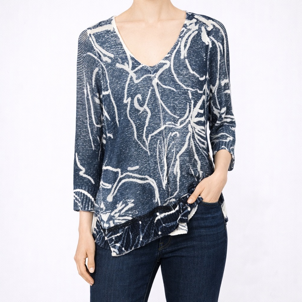 Chico's Navy and Cream Floral Long Sleeve Top
